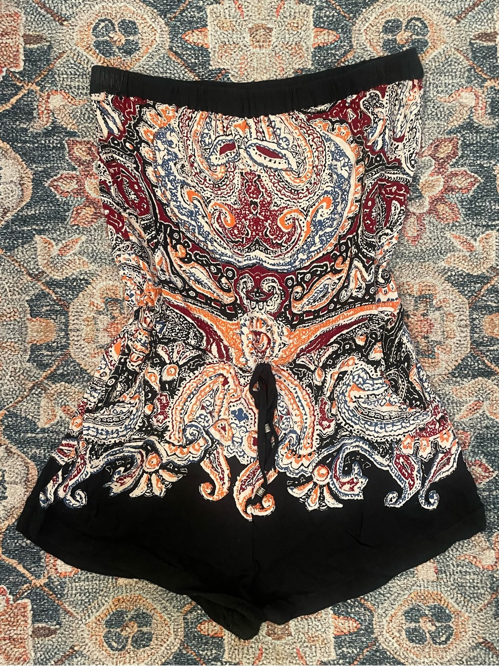 Vintage Angie Black Paisley Romper with Red, Orange, Blue & Cream Print
